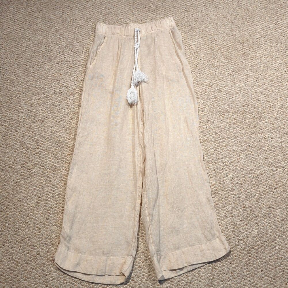 Cynthia Rowley Linen Pants Womens XS Beige Wide Leg Cropped Pockets Resort Beach